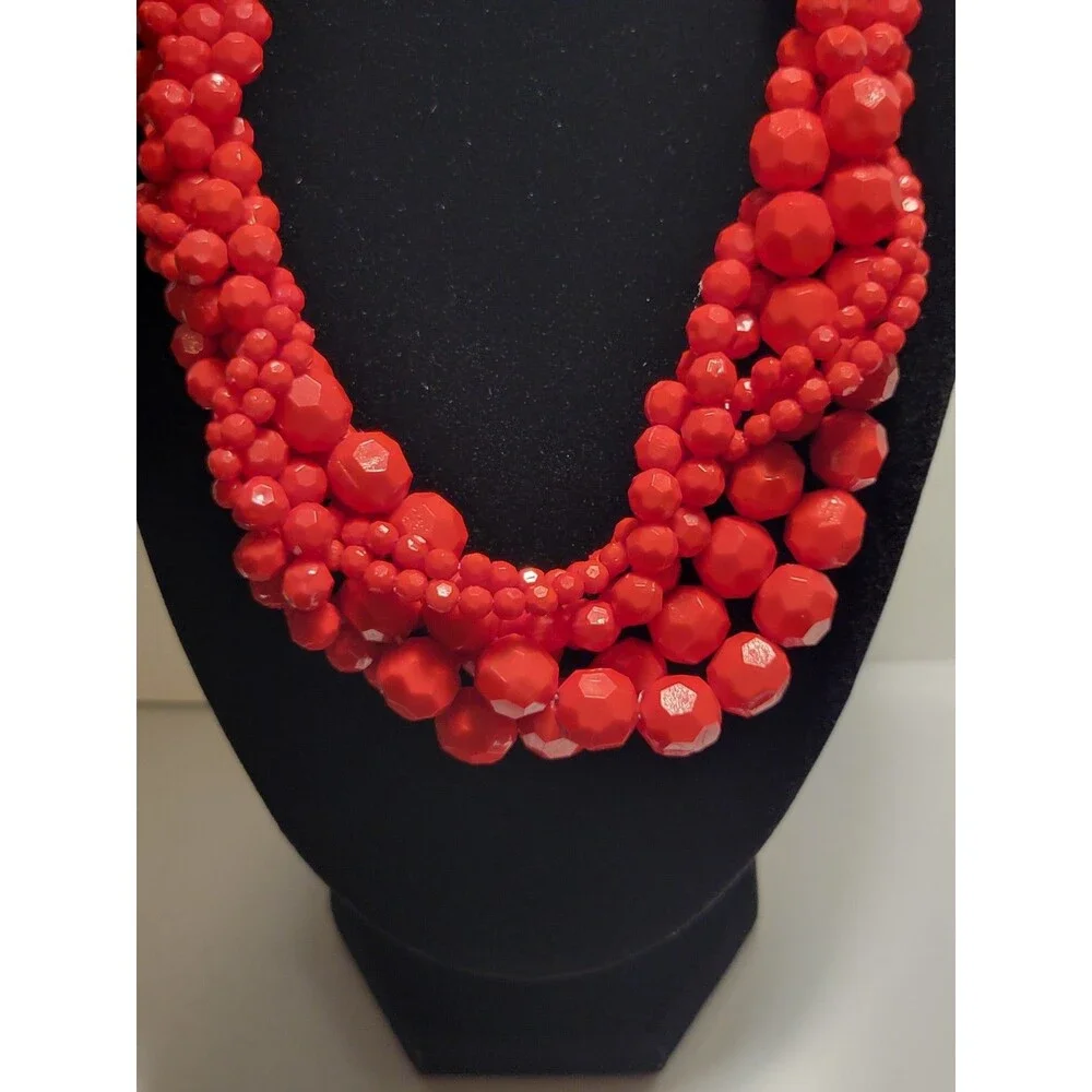 Chunky Red Statement Necklace Multi-Strand Faceted Beaded Bib Boho Festive